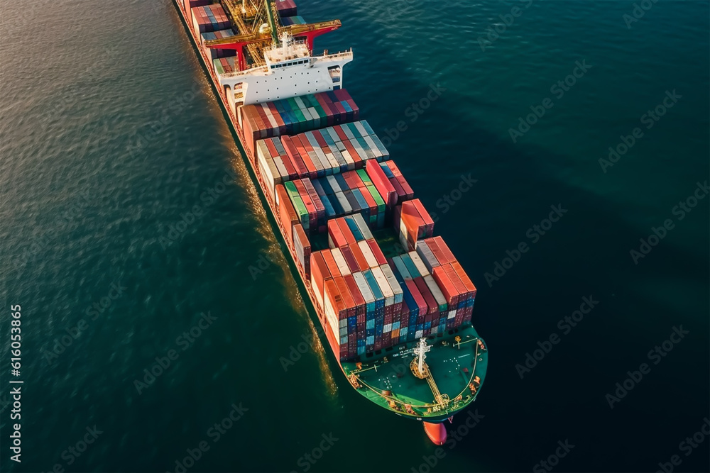 Fototapeta premium Arial view by drone camera transportation logistics and shipment container dock cargo yard. Generative ai.