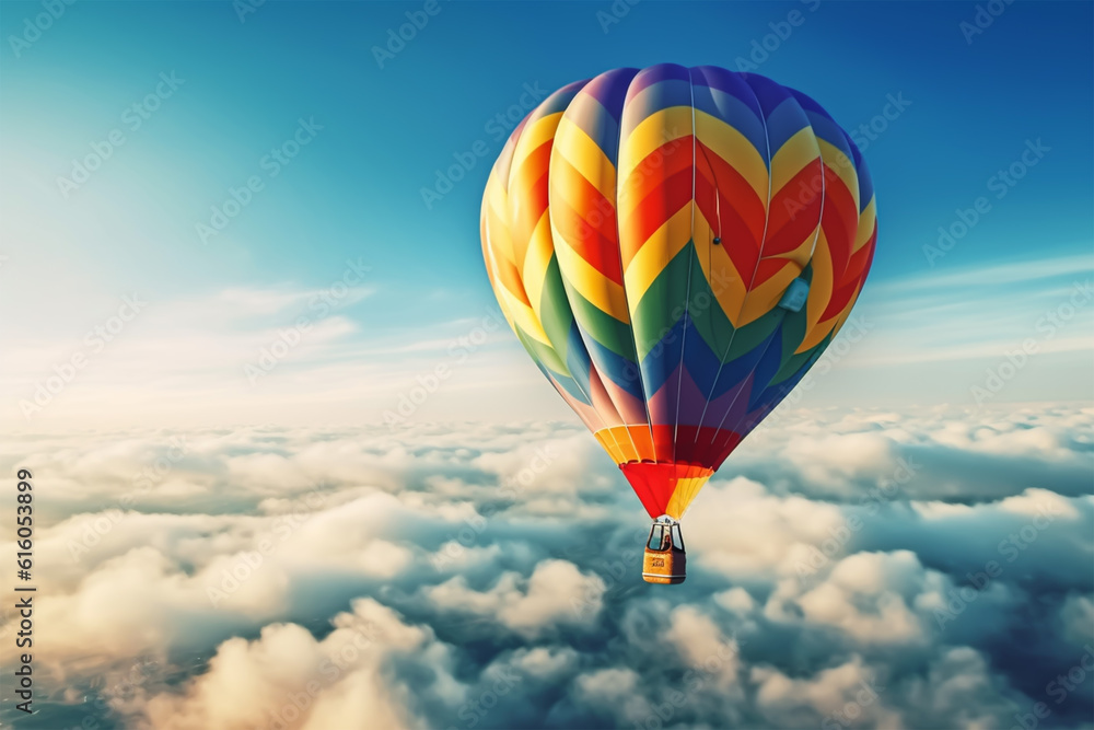 Fototapeta premium Hot Air Balloon Ride at sunrise background for wide banner of travel agency or adventure tour. Morning hot-air balloon flight with beautiful clouds. Romance of ballooning in a good weather. Generative