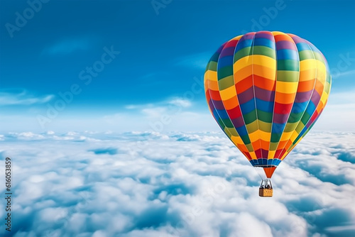 Hot Air Balloon Ride at sunrise background for wide banner of travel agency or adventure tour. Morning hot-air balloon flight with beautiful clouds. Romance of ballooning in a good weather. Generative © 92ashrafsoomro