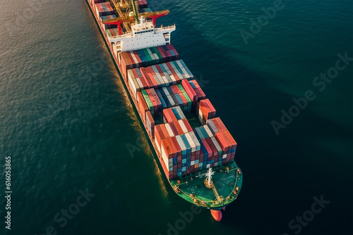 Arial view by drone camera transportation logistics and shipment container dock cargo yard. Generative ai.