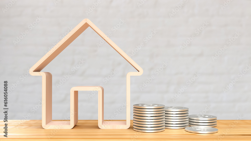 The wood home icon and coins for Real estate concept 3d rendering The wood home icon and coins for Real estate concept 3d rendering