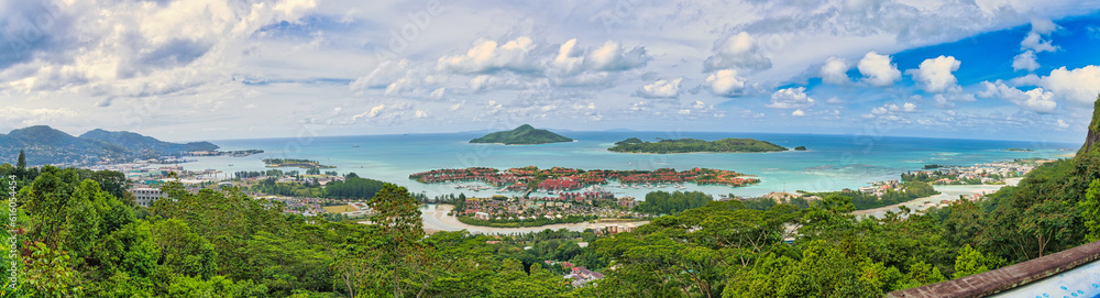 Large panoramic view point of La Misere over the eden isladn, St Anne marine park, international port, praslin and la digue island , Mahe seychelles 1