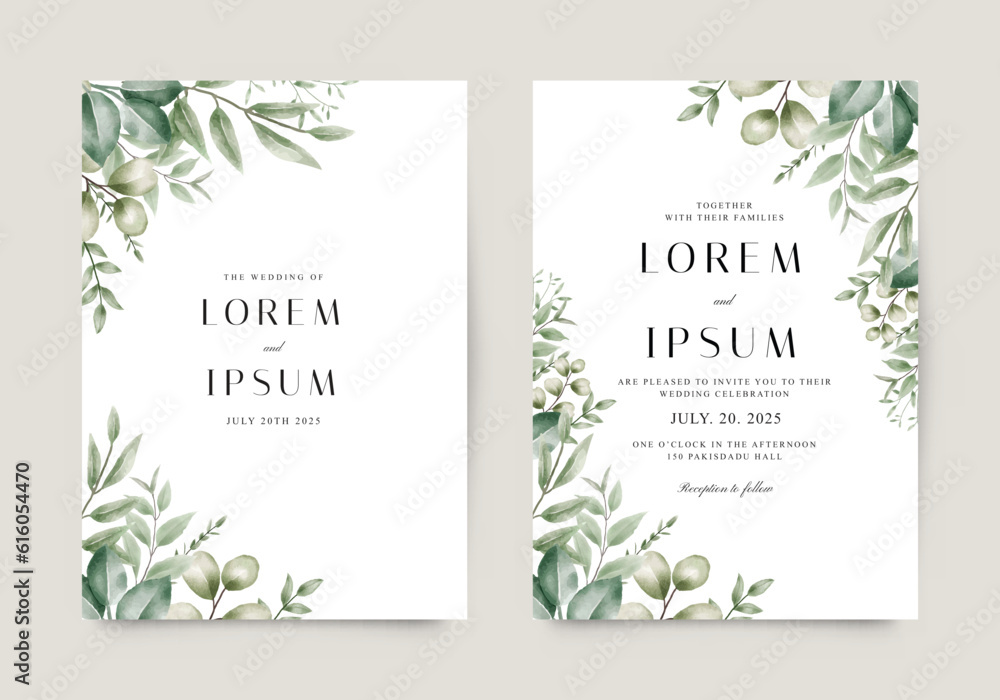 Elegant template wedding invitation with watercolor green leaves