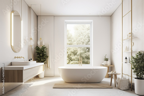 baño lujoso clasico con bañera antigua en tonos blancos y madera clara, ilustracion de ia generativa