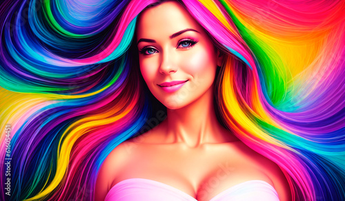 Fashion portrait of a beautiful woman with multi colored hair on bright background. Generative AI.