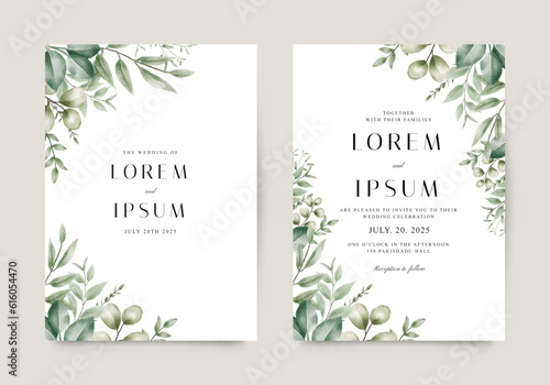 Elegant template wedding invitation with watercolor green leaves