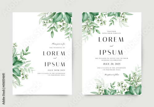 Elegant wedding invitation with green leaves decoration