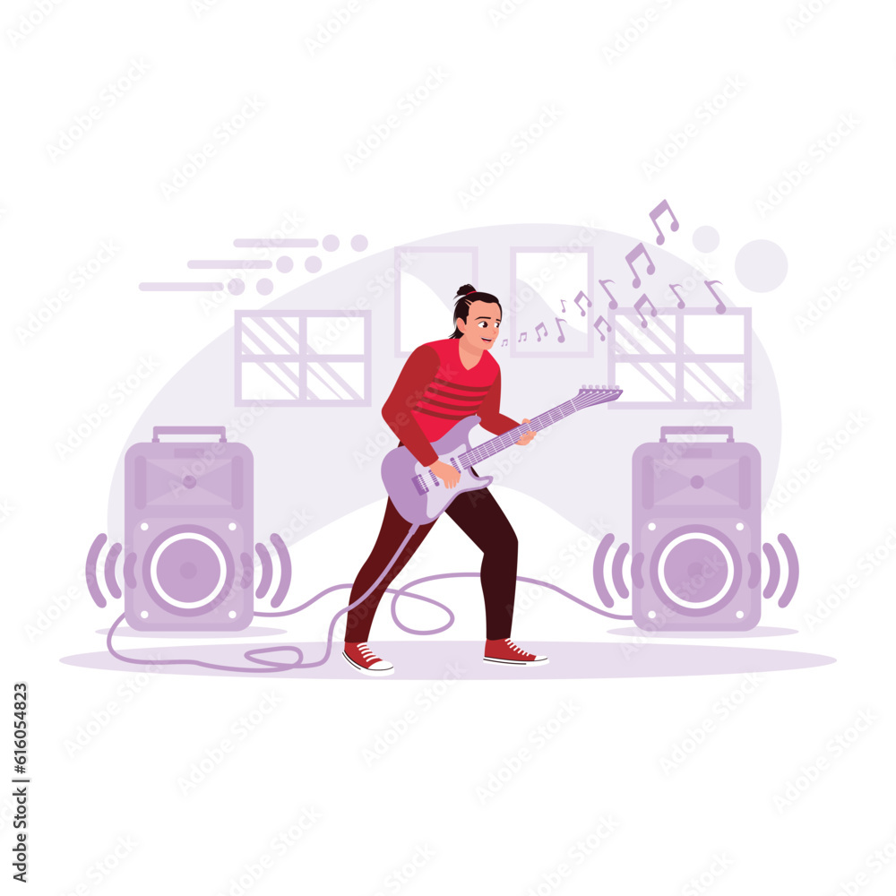 Male electric guitar player practicing with passion in the music studio. Trend Modern vector flat illustration. Male electric guitar player practicing with passion in the music studio. Trend Modern vector flat illustration.