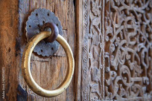 a wooden door with a golden ring