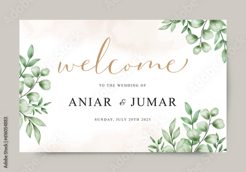 Wedding welcome sign with watercolor green leaves