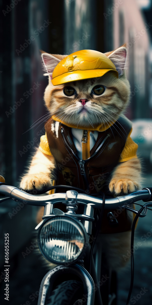 Adorable cat wearing vest and yellow cap. Cute feline riding a motorbike. Blurred backdrop. Generative AI.