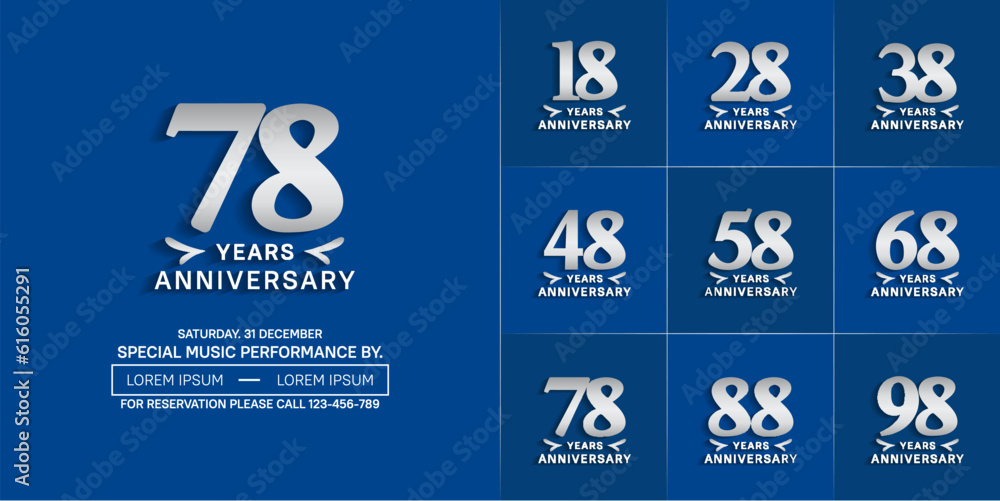 set of anniversary logo with silver number on blue background can be use for celebration