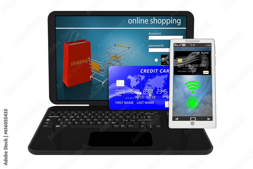 PNG. Trasparente, Illustrazione 3D. Pagamento elettronico. Computer portatile, carta di credito e applicazione smartphone come simbolo dei pagamenti online.. PNG. Trasparente, Illustrazione 3D. Pagamento elettronico. Computer portatile, carta di credito e applicazione smartphone come simbolo dei pagamenti online..