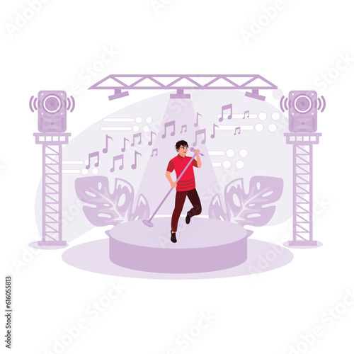 The young soloist looks good on stage. Trend Modern vector flat illustration.