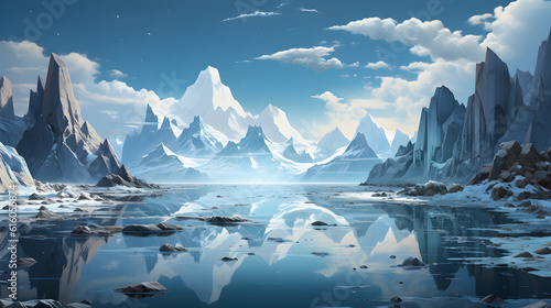 A landscape featuring an iceberg set against a calm horizon, evoking a peaceful and tranquil atmosphere, very high details. AI Generated, Generative AI