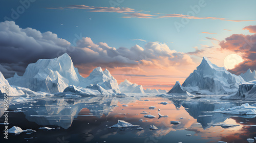 A landscape featuring an iceberg set against a calm horizon, evoking a peaceful and tranquil atmosphere, very high details. AI Generated, Generative AI