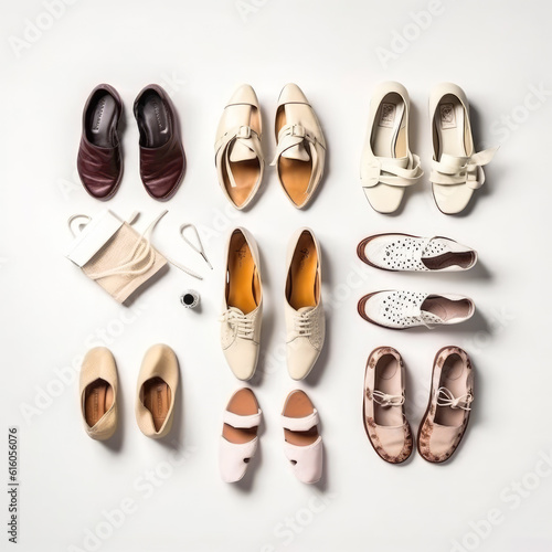 Adult and child footwear on the white backdrop. Light shoes of diverse size and style. Top view. Generative AI.