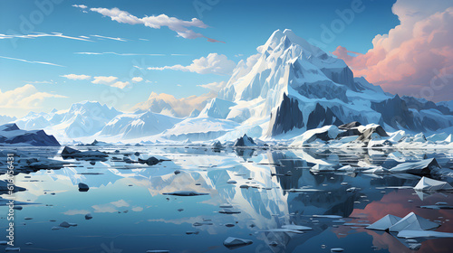 landscape featuring an iceberg set against a calm horizon, evoking a peaceful and tranquil atmosphere, very high details. AI Generated, Generative AI © Kannikar