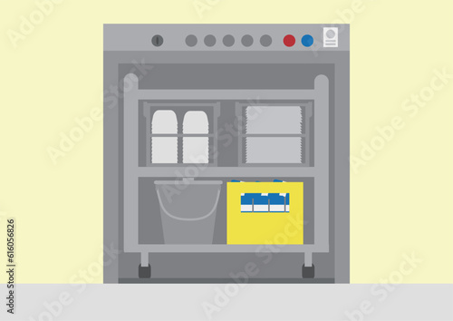 給食をのせたワゴンを専用エレベーターにのせたイラスト