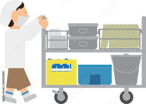 給食をのせたワゴンを運ぶ人のイラスト