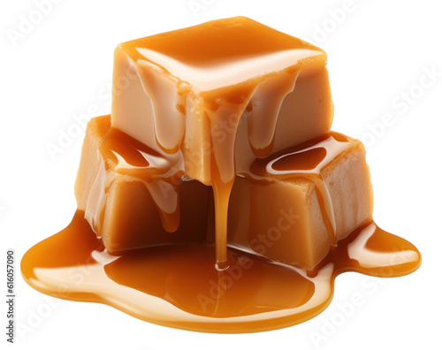 Caramel candies and caramel sauce isolated.