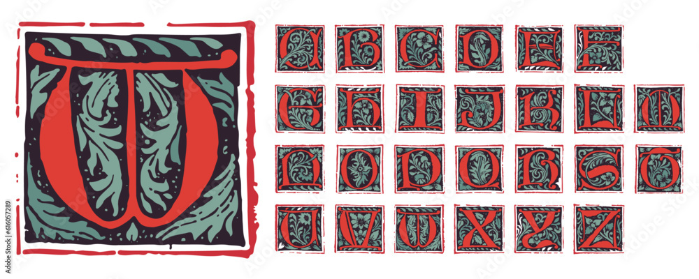 Alphabet set of medieval gothic initials. Blackletter style drop cap ...