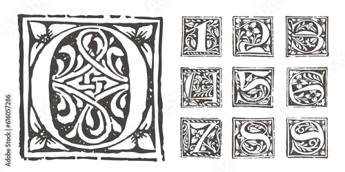 Numbers set of medieval gothic initials. Blackletter style drop cap logos. Monochrome square shaped illuminated calligraphy. Perfect for Middle Ages poster, vintage identity, historical items.