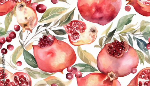 Watercolour pomegranate seamless pattern, soft colors, white background. Design for cosmetics, spa, pomegranate juice, health care products, perfume