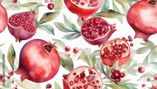 Watercolour pomegranate seamless pattern, soft colors, white background. Design for cosmetics, spa, pomegranate juice, health care products, perfume