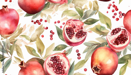 Watercolour pomegranate seamless pattern, soft colors, white background. Design for cosmetics, spa, pomegranate juice, health care products, perfume