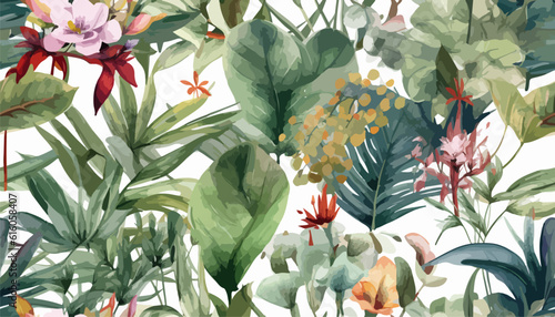 Modern colorful tropical floral pattern, exotic watercolor plants, white background. Cute botanical abstract contemporary seamless pattern. Hand drawn unique print.