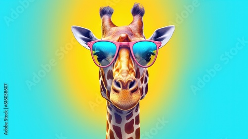 Cartoon colorful giraffe in sunglasses . Fantasy concept   Illustration painting.