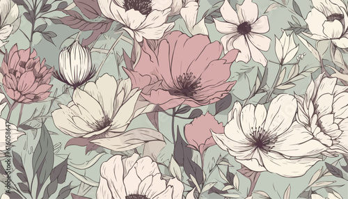 Sketched pastle flowers pattern, hand drawn artistic abstract floral print. Creative collage pattern. Fashionable template for design