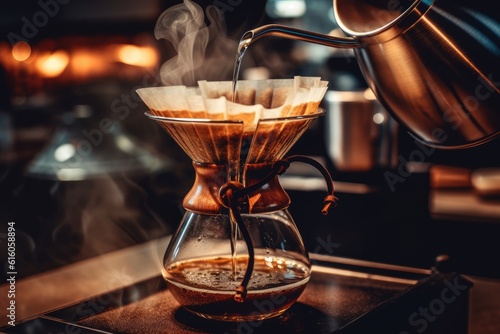 Alternative coffee brewing method,pure over,glass teapot on wooden tray with brewed coffee on dark background. AI Generated