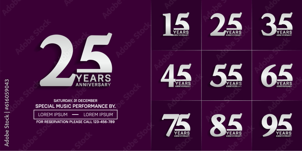 set of anniversary logo with silver number on purple background can be use for celebration set of anniversary logo with silver number on purple background can be use for celebration