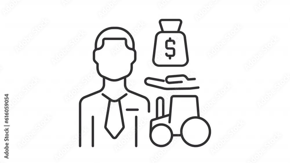 Animated farm lender line icon. Office worker and tractor animation. Hand tossing bag of money. Agricultural business. Loop HD video with alpha channel, transparent background. Outline motion graphic Animated farm lender line icon. Office worker and tractor animation. Hand tossing bag of money. Agricultural business. Loop HD video with alpha channel, transparent background. Outline motion graphic