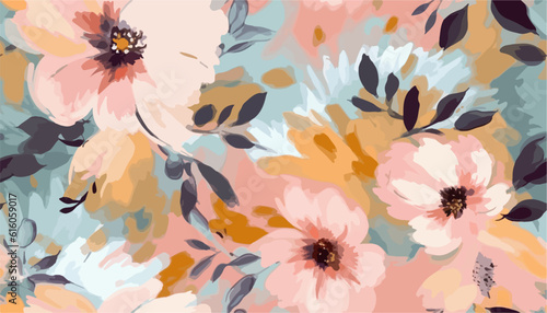 Acrylic painting summer spring flowers pattern, pastel pink colors, Bright hand drawn blossom artistic flowers print. Modern botanical pattern. Fashionable template for design