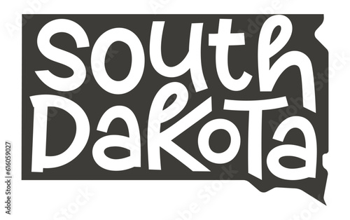 South Dakota. Vector silhouette state. South Dakota map with text script. South Dakota shape state map for poster, t-shirt, tee, souvenir. Vector outline Isolated illustratuon on a white background.