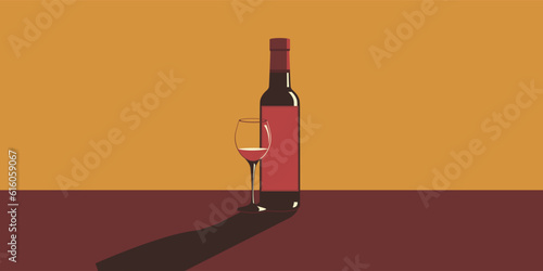 Illustration of a bottle of wine and a glass of wine in retro style.