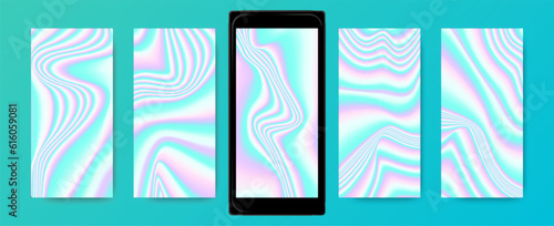 Abstract wave gradient backgrounds, holographic screensavers set.