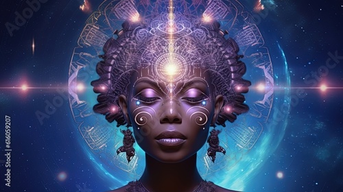 African female spiritual guide, young starseed woman, concept of love, meditation incarnarion, compassion, cosmos, univers, connection, connected, stars, all. Mother, sister, daughter. Universal love photo