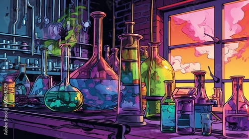 Chemical reaction in a laboratory . Fantasy concept , Illustration painting.