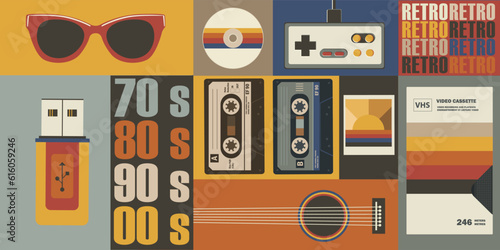 Various old-fashioned items on a retro background. Concept retro or vintage background.