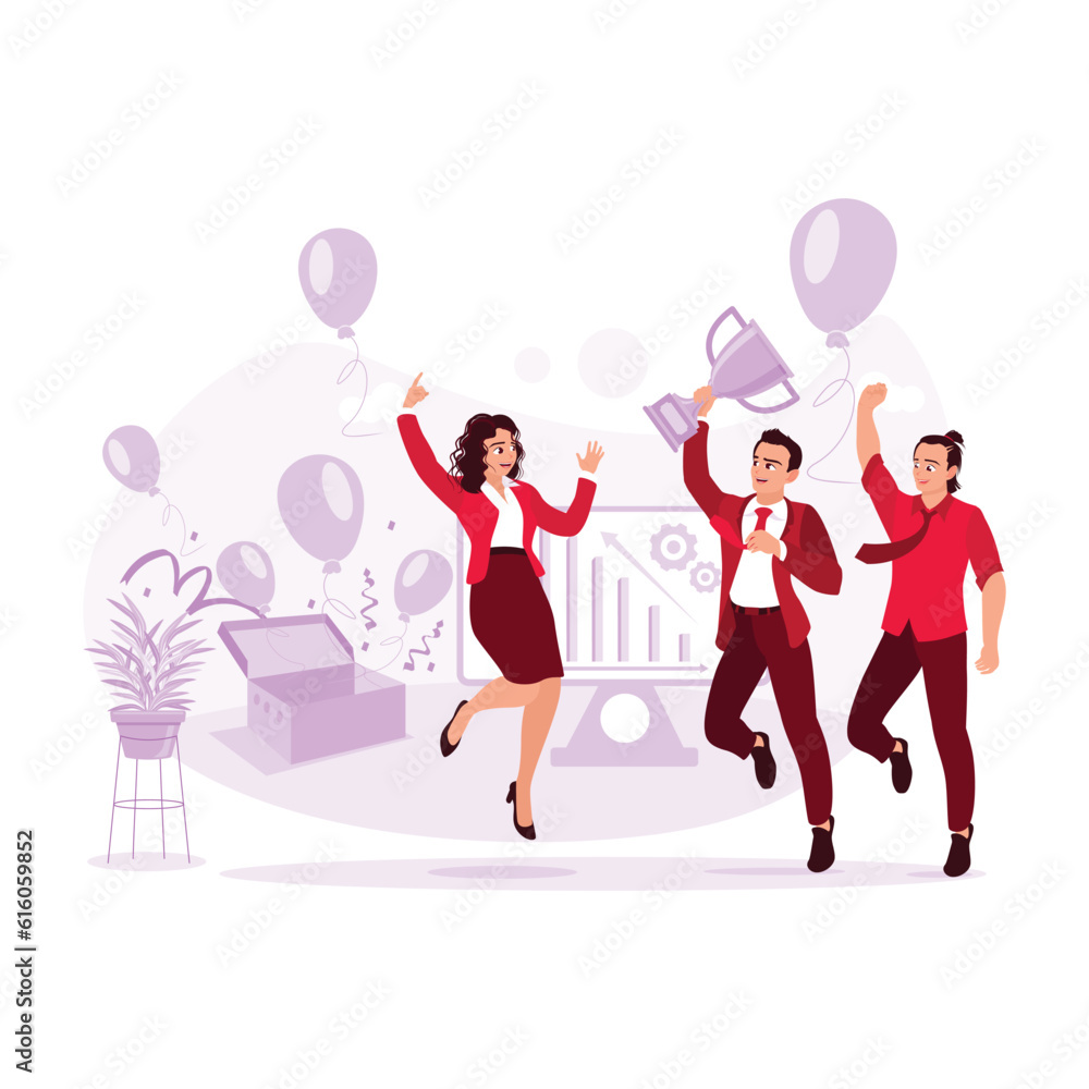 Business people and employees celebrate success, jumping happily with trophies and surrounded by balloons. Trend Modern vector flat illustration. Business people and employees celebrate success, jumping happily with trophies and surrounded by balloons. Trend Modern vector flat illustration.