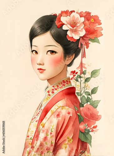 A asian girl decorated with flowers, watercolor art.