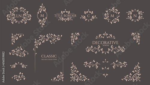 Collection of decorative elements. Leaf ornament. Elegant frames and borders, corners. Wedding monogram frames.