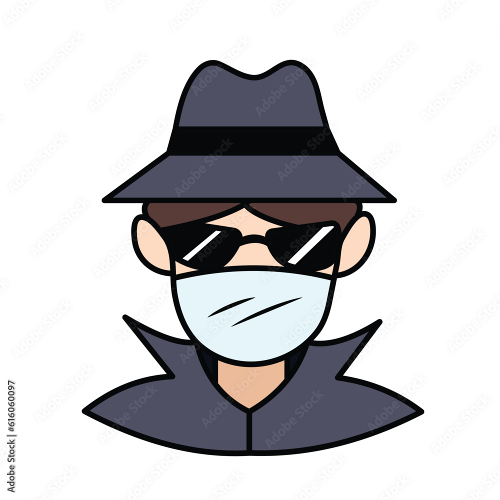 Incognito or anonymous person wearing dark gray hat and coat with black sunglasses colored vector icon outlined isolated on square white background. Simple flat cartoon art styled drawing.