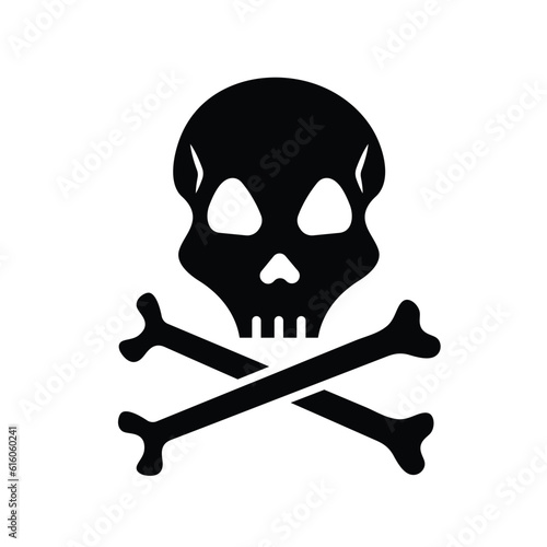 Skull with face and x shaped bone black silhouette vector icon isolated on square white background. Simple flat cartoon art styled drawing with cyber internet security.