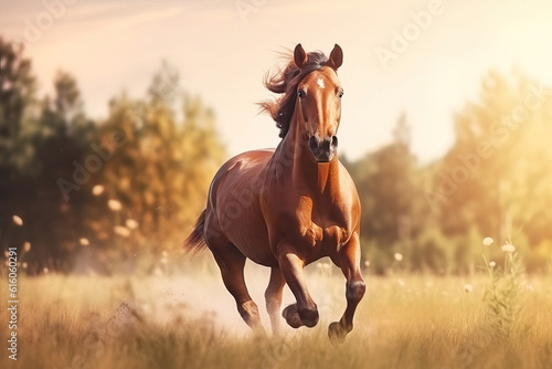 Fotografia A beautiful thoroughbred horse runs fast in the field, AI generation