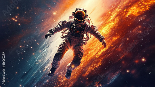 An astronaut in outer space against the backdrop of a picturesque Universe, AI generation